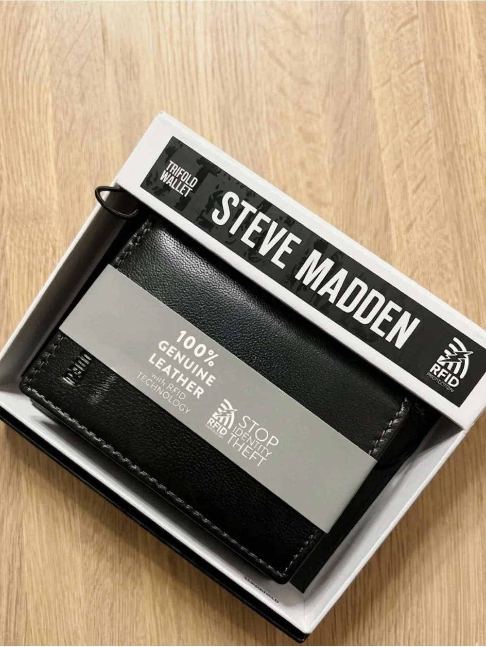 Steve Madden Black Leather Trifold Wallet with RFID Shielding